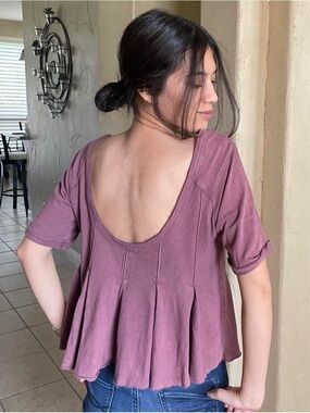 Free People Washed Plum Scoop-Back Peplum Tee M